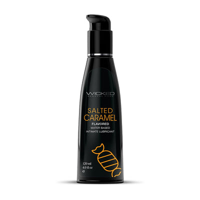 Black pump bottle of Wicked Salted Caramel flavored water-based intimate lubricant, 4 fl oz.