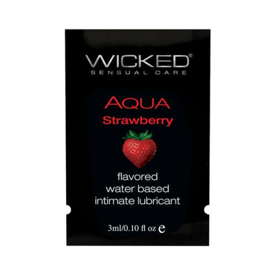 Wicked Aqua Strawberry flavored water-based intimate lubricant sachet with strawberry graphic on black background