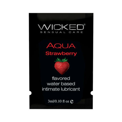 Wicked Aqua Strawberry flavored water-based intimate lubricant sachet with strawberry graphic on black background