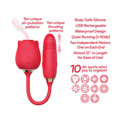 Red Wild Rose Suction Thruster vibrator with dual motors, 10 air-pulsation and thrusting patterns, USB rechargeable, waterproof silicone design.