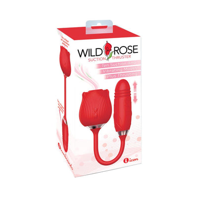 Packaging of Wild Rose Suction Thruster in red, featuring a rose-shaped suction head and a connected thrusting vibrator.