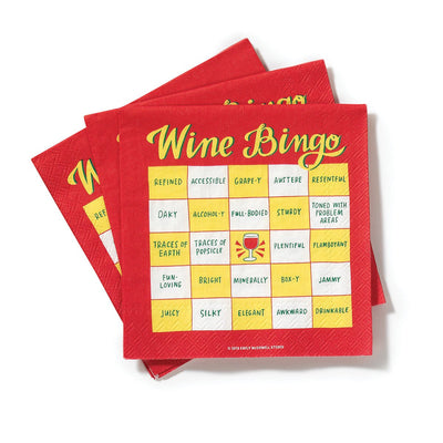 Stack of red Wine Bingo napkins featuring a playful bingo card with wine tasting buzzwords and a wine glass icon.