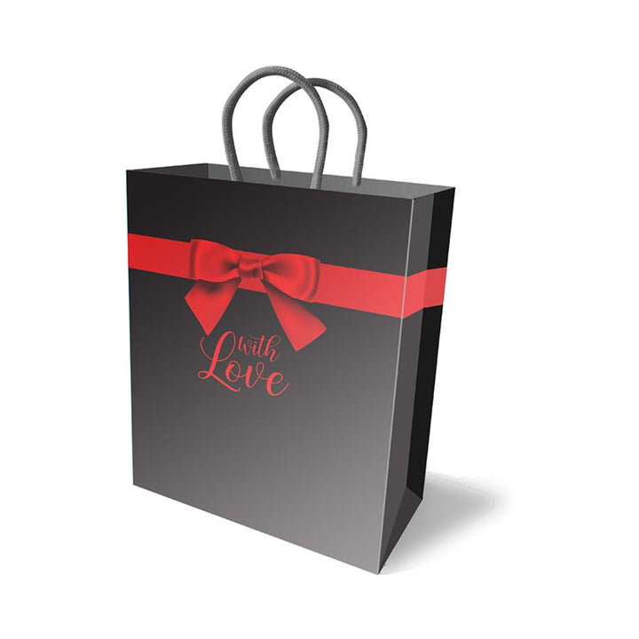 Black gift bag with red ribbon and bow design and "With Love" text, featuring gray rope handles.