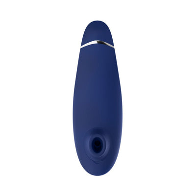 Womanizer Premium 2 clitoral stimulator in blueberry blue with sleek ergonomic design and silicone finish.