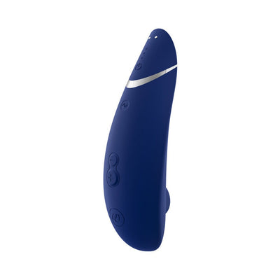 Sleek navy blue Womanizer Premium 2 clitoral stimulator with ergonomic design and multiple control buttons.