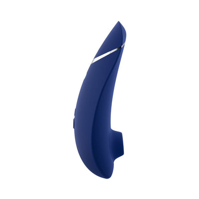 Womanizer Premium 2 clitoral stimulator in sleek blueberry blue with ergonomic design and silver accent stripe.