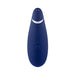 Womanizer Premium 2 clitoral stimulator in deep blue with ergonomic design and control buttons on front.