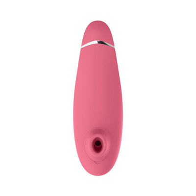 Pink Womanizer Premium 2 clitoral stimulator with sleek design and silicone body, featuring Pleasure Air Technology opening.