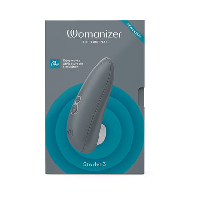 Gray Womanizer Starlet 3 clitoral stimulator with Pleasure Air Technology shown on product packaging.