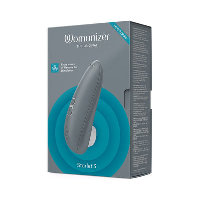 Packaging box of Womanizer Starlet 3 clitoral stimulator in gray with product image and branding details.