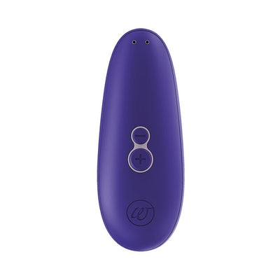 Purple Womanizer Starlet 3 clitoral stimulator with plus and minus buttons on a white background