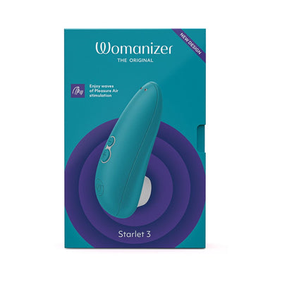 Womanizer Starlet 3 clitoral stimulator in turquoise with Pleasure Air Technology shown on teal and purple packaging.