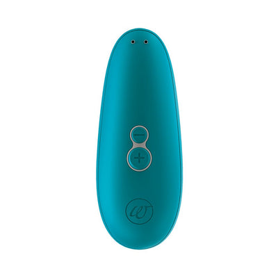 Turquoise Womanizer Starlet 3 clitoral stimulator with ergonomic design and plus/minus control buttons on white background.
