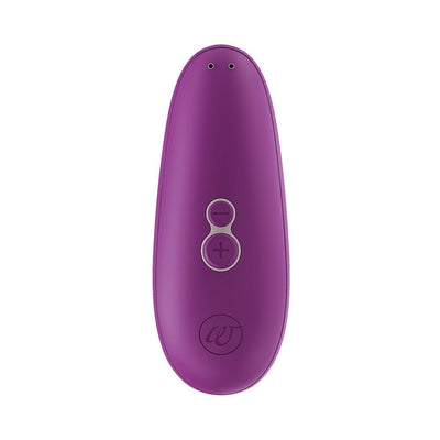 Purple Womanizer Starlet 3 clitoral stimulator with ergonomic design and plus/minus control buttons.