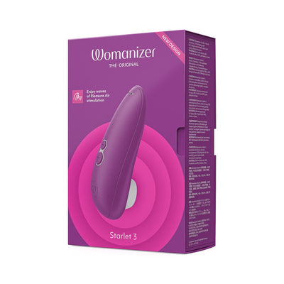 Purple Womanizer Starlet 3 clitoral stimulator packaging highlighting Pleasure Air Technology and new design features.