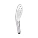 Sleek silver and white ergonomic shower head with multiple nozzles and a control button on the handle.