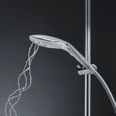 Sleek chrome shower head with water streams flowing, mounted on adjustable vertical rail against dark background.