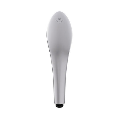 Sleek silver Womanizer Wave shower head with ergonomic design and integrated pleasure stimulation features.