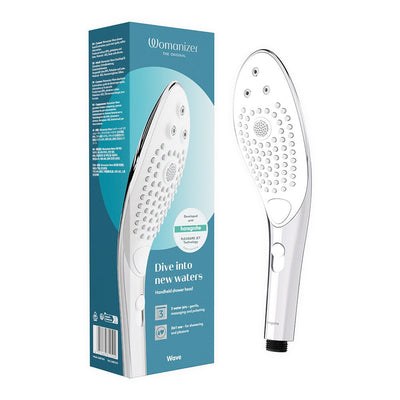 Womanizer Wave handheld shower head and packaging highlighting 3 water jets and 2-in-1 shower and pleasure use.