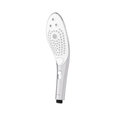 Sleek white and chrome Womanizer Wave shower head with multiple nozzles and ergonomic handle for dual shower and clitoral stimulation.