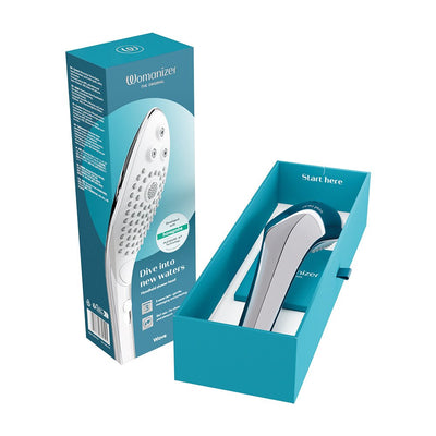 Womanizer Wave Shower Head Masturbator in sleek white and blue packaging, shown inside open turquoise box with product box nearby.