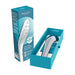 Womanizer Wave Shower Head Masturbator in sleek white and blue packaging, shown inside open turquoise box with product box nearby.