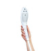 Hand holding the white Womanizer Wave shower head and clitoral stimulator with ergonomic design and multiple nozzles.