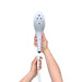 Hands holding a white Womanizer Wave shower head and hose, showing connection point on a white background.