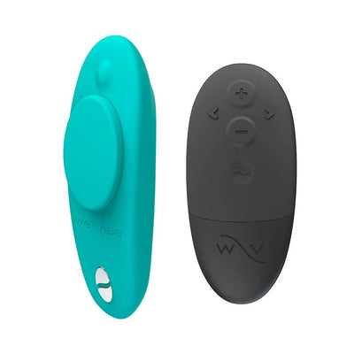 Teal We-Vibe Moxie+ wearable vibrator with magnetic clip and black wireless remote control with multiple buttons.