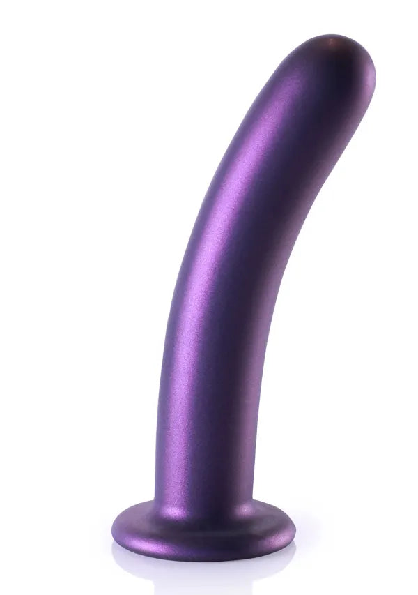Metallic purple smooth silicone G-spot dildo with curved shape and suction cup base.