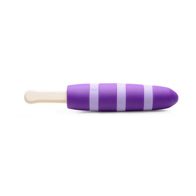 Purple and white striped silicone rechargeable vibrator shaped like a popsicle with a cream-colored stick handle.