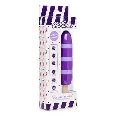 Purple striped silicone popsicle-shaped vibrator in white and purple packaging with product features listed.