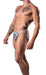 Male model wearing red, white, and blue low-cut jockstrap with contoured pouch and leg bands, showcasing athletic fit and tattoos.
