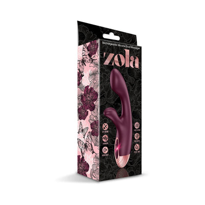 Packaging of Zola Rechargeable Silicone Warming Dual Massager in dark purple with floral and butterfly design accents.