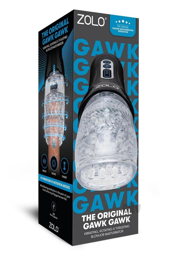 Packaging of Zolo The Original Gawk Gawk vibrating, rotating, and thrusting male masturbator with textured interior.