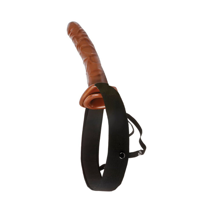 10-inch chocolate-colored hollow strap-on with adjustable black elastic harness on white background