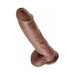 Realistic brown 10-inch dildo with detailed texture and suction cup base for hands-free use.