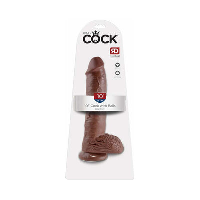 Realistic 10-inch brown dildo with suction cup base and textured balls in retail packaging.