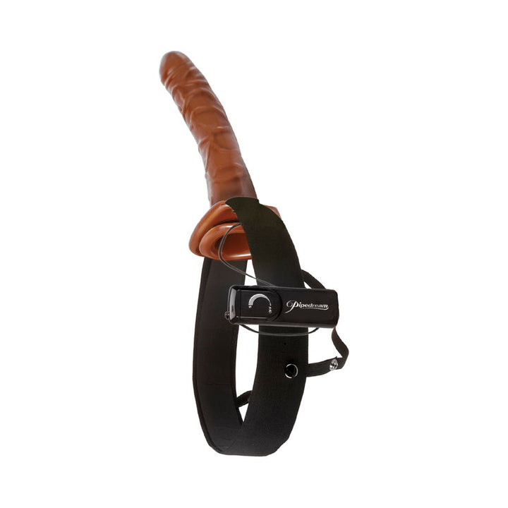 10-inch chocolate-colored vibrating hollow strap-on with adjustable black elastic harness and remote control.