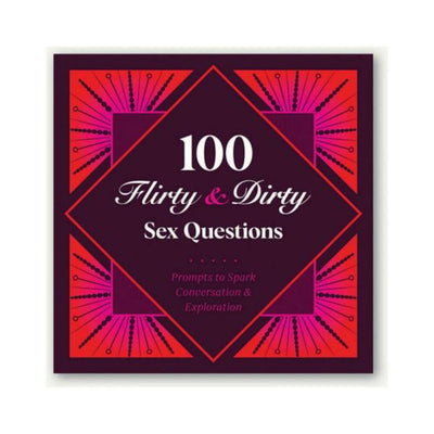 Box of 100 Flirty & Dirty Sex Questions card deck with bold red and purple geometric design for sparking intimate conversations.