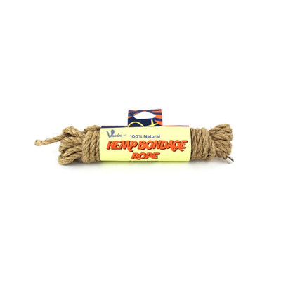 Coiled 5-meter natural hemp bondage rope with secure metal tips and labeled packaging on white background.