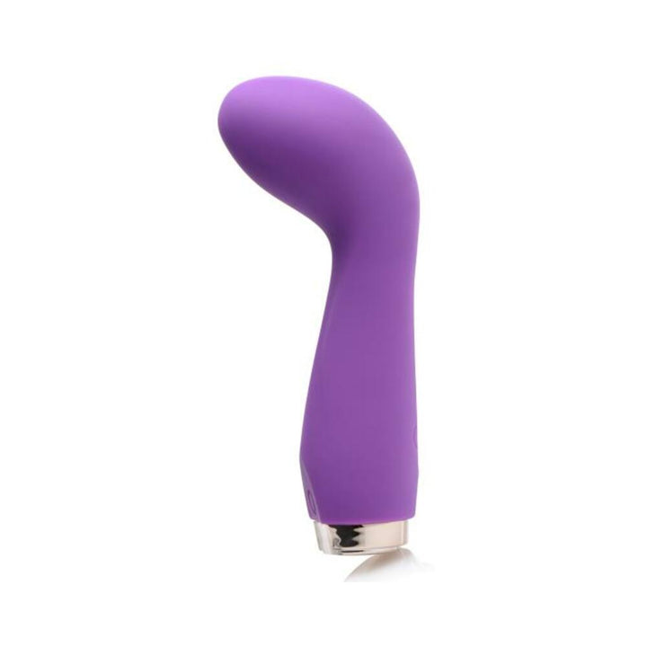 Compact purple silicone vibrator with curved tip and silver base for targeted G-spot stimulation.