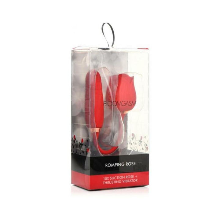 Bloomgasm Romping Rose Red vibrator with suction rose and thrusting egg in clear retail packaging.