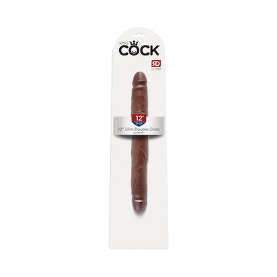 12-inch slim double-ended dildo in dark brown with realistic detailing, packaged on white backing card.