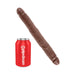 12-inch slim double-ended dildo in brown next to a red Pipedream soda can for size comparison