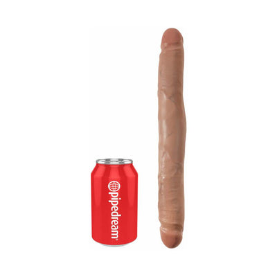 12-inch slim double-ended dildo in realistic skin tone next to a red Pipedream soda can for size comparison.