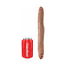 12-inch slim double-ended dildo in realistic skin tone next to a red Pipedream soda can for size comparison.