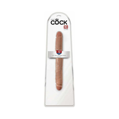 12-inch slim double-ended dildo in realistic skin tone with detailed texture in clear retail packaging