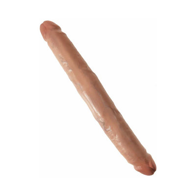 12-inch slim double-ended dildo in natural skin tone with realistic texture and detailing.