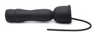 Black silicone penis head teaser with attached flexible urethral sound and USB charging cable.